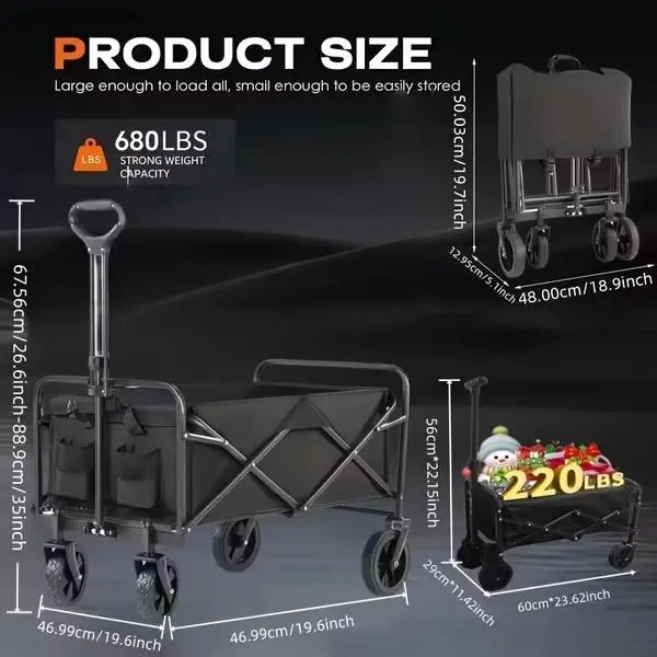 40LBS/220LBS/ 450LBS/ 680LBS All Terrain Heavy Duty Folding Cart, Large Capacity Camper Suitable for Yard Shopping/ Sports/ Outdoor/ Gardening Equipment Handling, Black Multifunctional Utility Cart