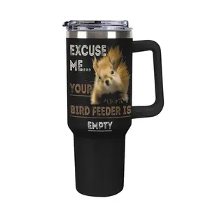 Funny Squirrel Insulated Tumbler - 40oz Stainless Steel Vacuum Mug - "Excuse Me Your Bird Feeder is Empty", 40oz Squirrel "Bird Feeder" Tumbler, Funny Animal Lover Gift, Insulated Travel Mug with Handle, Travel Coffee Cup for Animal Lovers