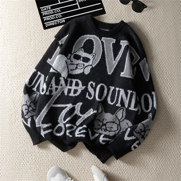 Men's Oversized Knitwear Sweater - American Style, Love-Themed Cartoon Dog & Letter Print, Long Sleeve Crew Neck Relaxed Fit Animal-Inspired Baggy Fashion Pullover, Animals, Jeans, Casual, Menswear, Tops, Graphic, Soft, Round Neck, Polyester, Halloween, C