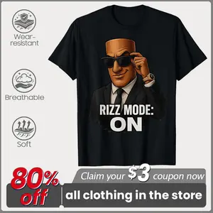 Viral Rizz Mode On Funny Meme Graphic T-Shirt, Stylish Cartoon Businessman Suit Sunglasses Art Print Casual Short Sleeve Cotton Tee, Gen Z Slang Confident Humor Apparel, Daily Casual Street Wear Top Casual Shortsleeve Crewneck Tropical Streetwear