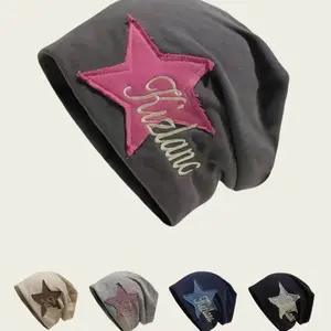 Star Patched Letter Embroidery Winter Beanie Black Hat, Beanies, Skull Cap, Cute Beanie Hat for Women & Men,Fashion Clothing Accessories for Daily Wear, Trendy All-match & Exquisite Fitted Hats for Birthday Gift, Casual