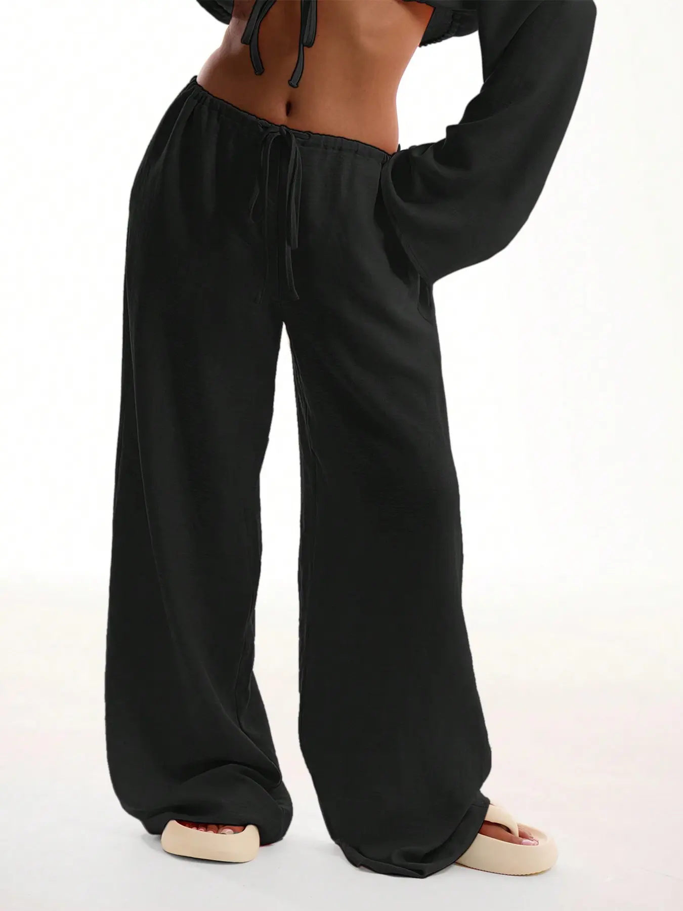 Women's fashion trend: pink textured wide-leg pants with drawstring, Elastic Waist Flowy, Adjustable, Casual Loose Pants, casual and comfortable long trousers, perfect for summer beach vacations and everyday wear, Boho, Bohemian