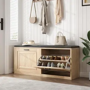 Vividwood 2-Tier Storage Bench with Thickened Padded Seat & 2 Barn Doors, Adjustable Shelf, Spacious Hidden Storage for 8-10 Pairs Shoes, Entryway Shoe Bench for Mudroom, Hallway, Living Room