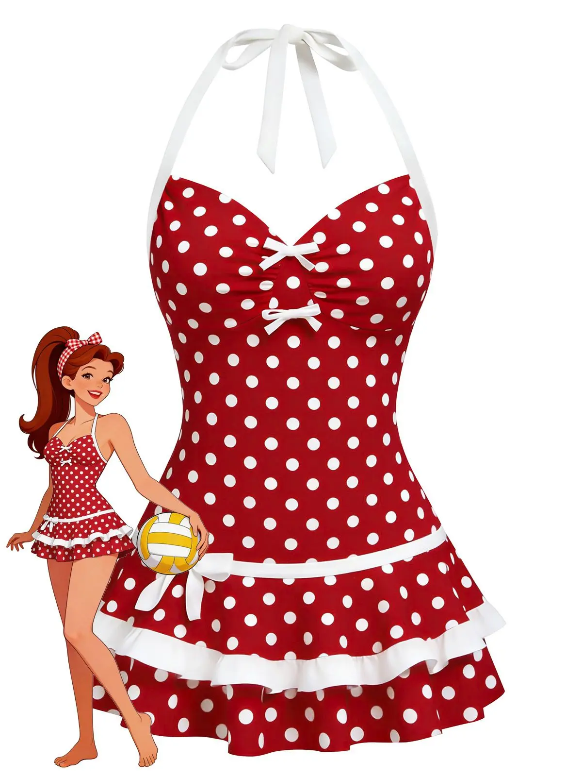 Red 1940s Polka Dot Halter Bow One-Piece Swimdressvacation swimwear for women cute summer outfits Beachwear Swimsuits BackToSchool