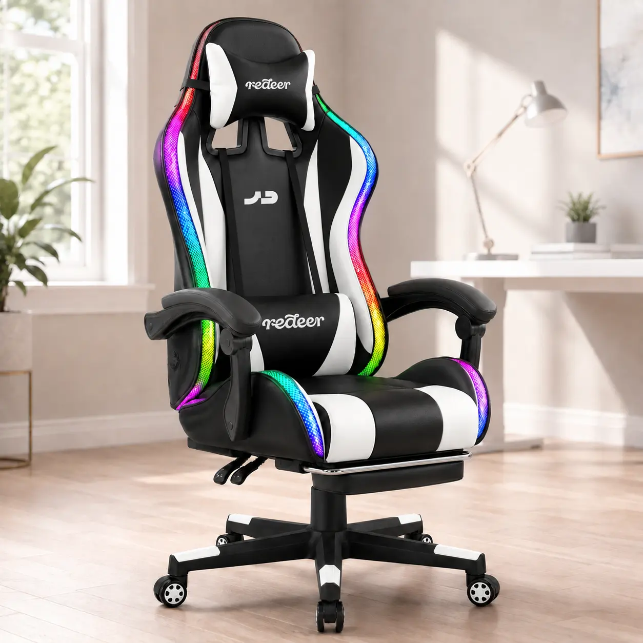 Redeer Ergonomic RGB Racing Gaming , Reclining Swivel High Back Desk  with Footrest, Lumbar and Head Pillows chair all-terrain