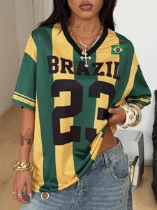 Women's Y2K Brazil Striped Short Sleeve T-Shirt, Vintage V Neck Loose Fit Oversized Sporty Streetwear Casual Football Top