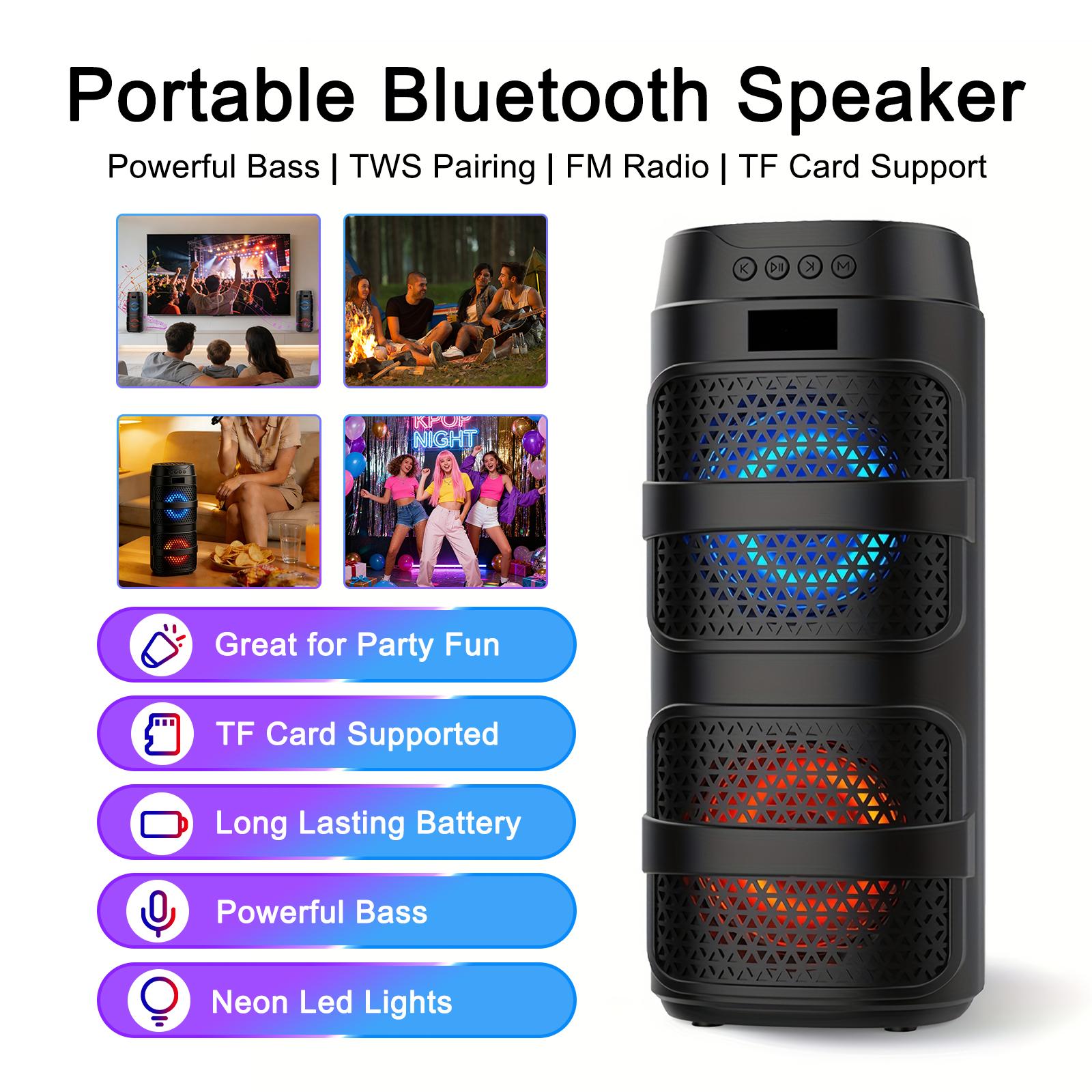 Portable Wireless Party Speaker with Subwoofer, Long-Lasting Battery, Neon LED Lights, Outdoor/Indoor Big Support TF Card MP3 Player Party for Home Camping Phone Computer PC