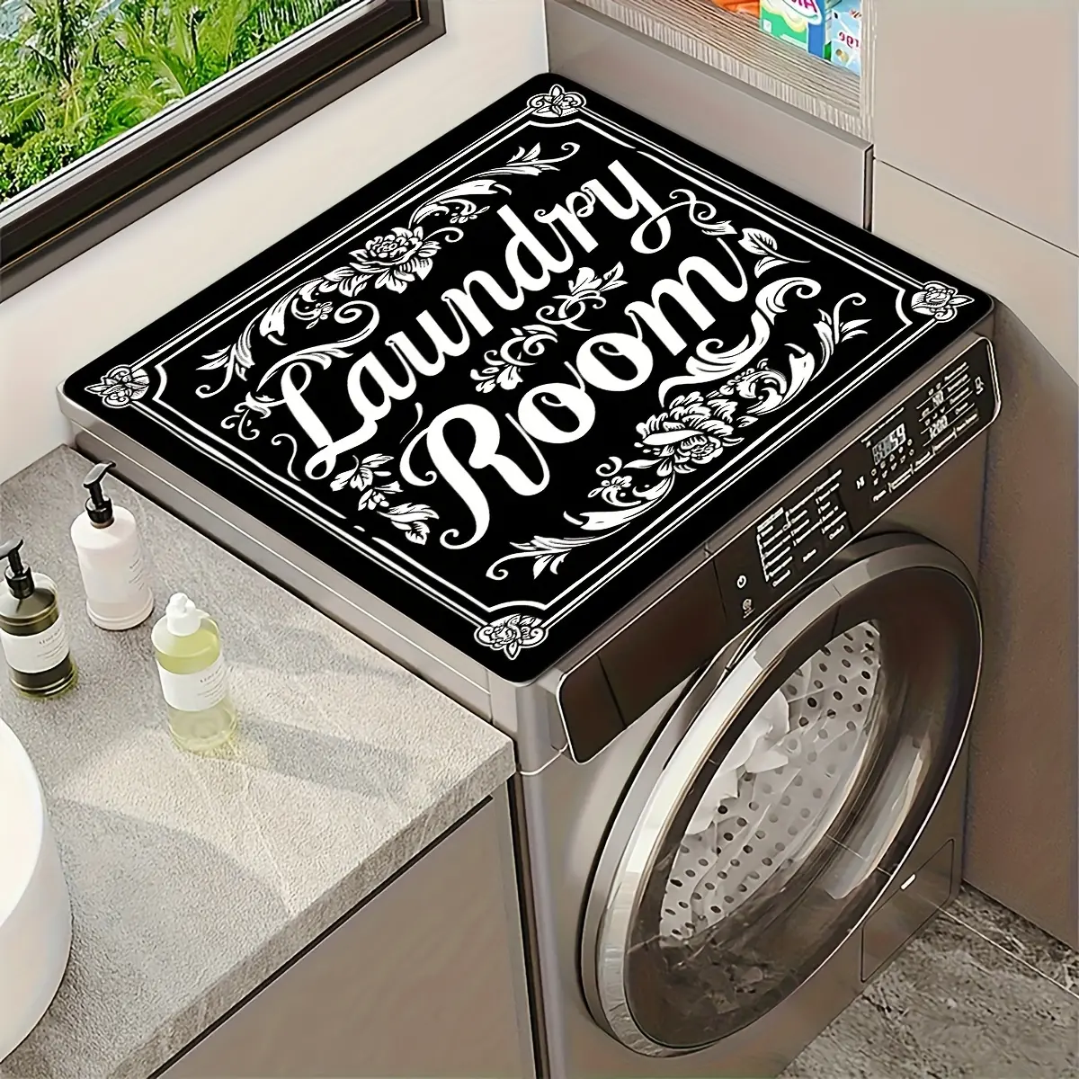 PINSOUL Washer and Dryer Top Protector Mat - Lightweight Non-Slip Rubber, 60x50cm(23.6x19.6in) Washable Artwork-Print Cover, Household Accessory for Washing Machine Laundry Room Cleaning