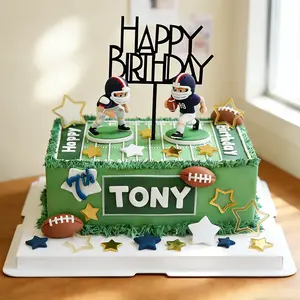 Football Player Cake Topper Set - American Football Figurines & Star Decorations with Happy Birthday Topper for Birthday Party