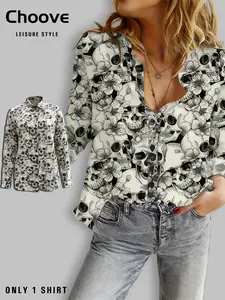 Women's All Over Skull Print Button Front Shirt, Casual Long Sleeve Collared Top for Daily Wear, Ladies Clothes for All Seasons
