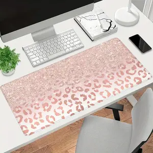 Rose Gold Glitter Leopard Print Large Gaming Mouse Pad, Extended XXL Desk Mat with Stitched Edge & Non-Slip Rubber Base, Ideal for Gamers, Fashion Lovers and Bling Fans, Perfect for Gaming Rooms, Home Offices & Bedroom Desks
