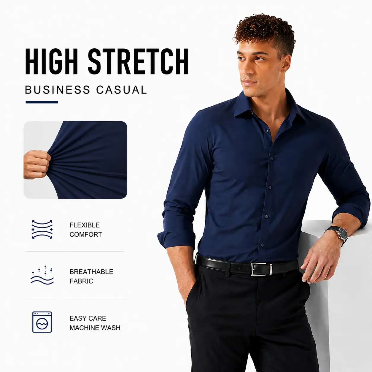 AMZPURE Menswear Men's 16-Way Stretch Slim Fit Nylon Fabric Breathable Long Sleeve Wrinkle-Free Button-Down Dress Shirt, Business Casual Travel Top, Longsleeves,back to school,back to school shopping sohochic style