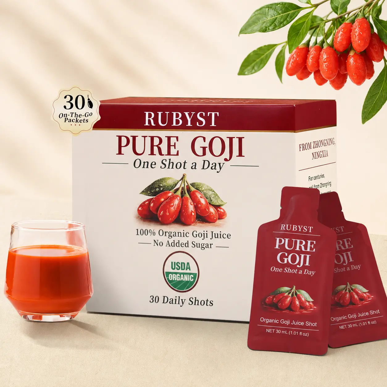 RUBYST Organic Goji Juice Shots, 30 Pack, Made from 100+ Fresh Goji Berries Per Shot, No Added Sugar, Non-GMO, Zhongning, Ningxia Goji
