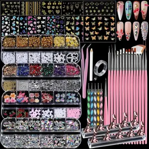 4-Box Nail Art Decoration Kit with Charms, Gems, Rhinestones, 15 Stickers, Gold Pearls, Brushes and Stand for Women’s Design Needs
