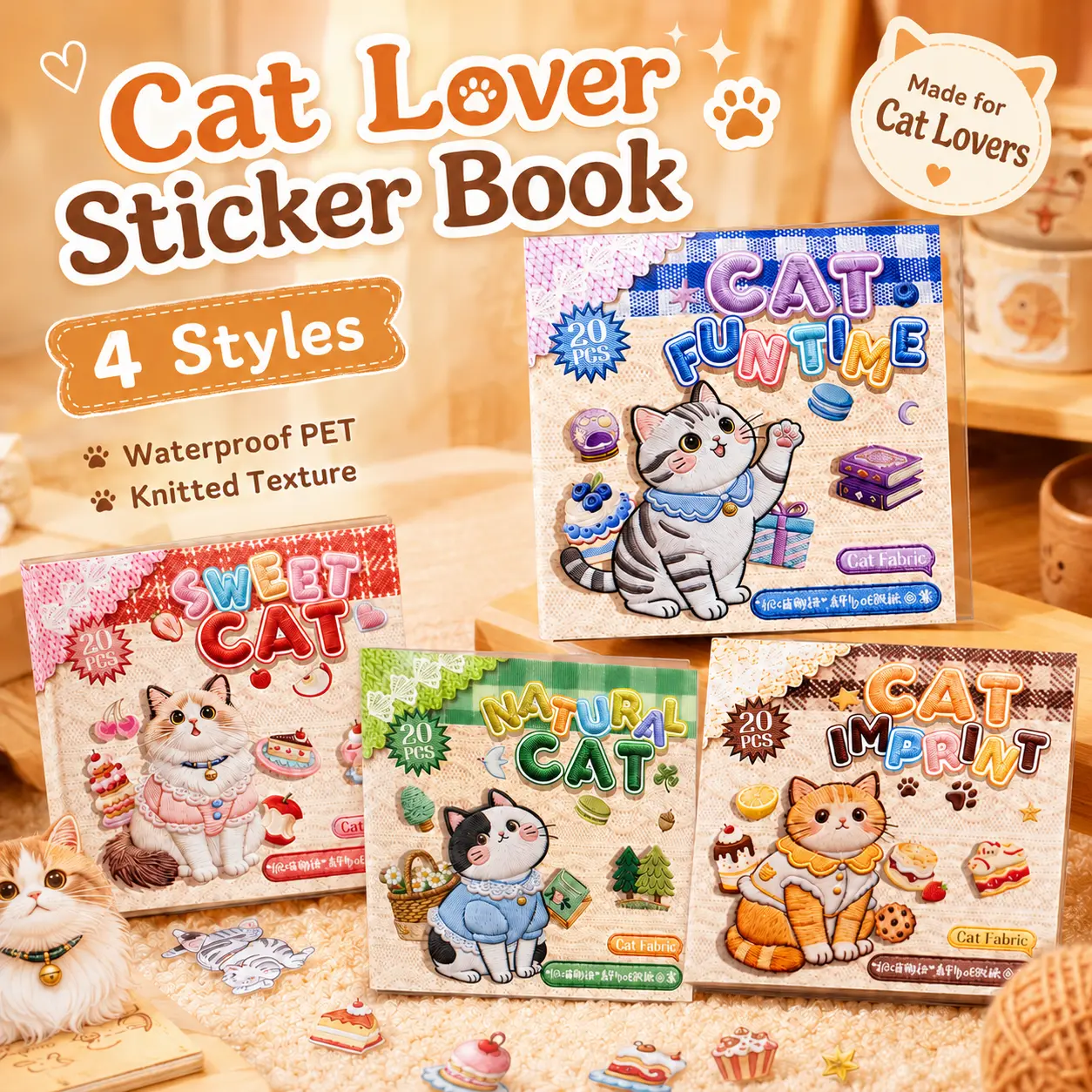 Kawaii Cat Lover PET Sticker Book 20 Sheets| 4 Cozy Cat Designs, Cute Transparent Cat Stickers for Junk Journaling, Scrapbooking, Planner Decor & DIY Crafts