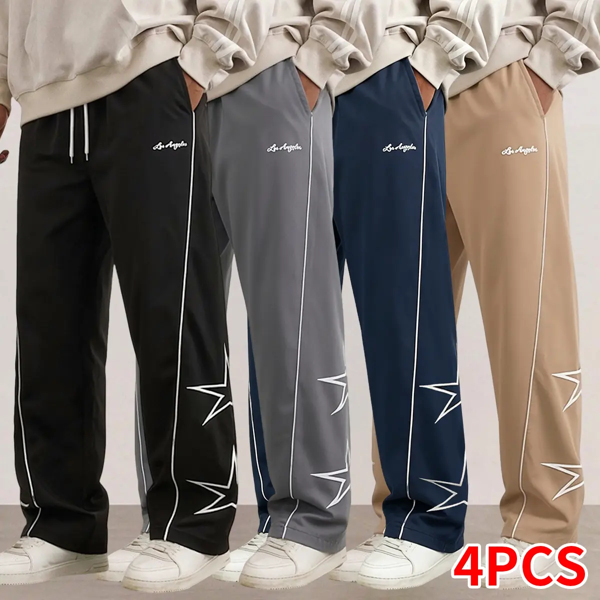 Men’s sports pants set of 4, stylish printed design on the pant legs, breathable straight-leg loose casual pants, summer menswear | men’s bottoms