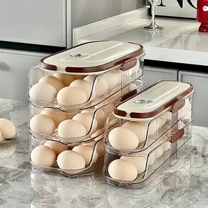 Automatic Rolling Egg Dispensers for Refrigerator, Auto Rolling Fridge Egg Organizer With Date Tracker, Home Egg Container With Lid and Handle for Refrigerator Organization, Slim Countertop, Fridge Kitchen Space Saving Container, Dispenser