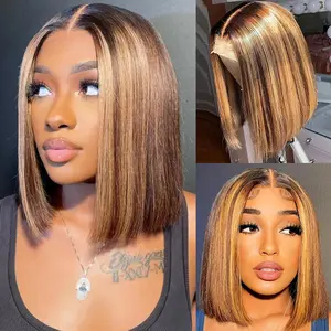 Highlight Bob Human Hair Wig 10 inch Honey Blonde Bob Wig 13x4 HD Frontal Lace Wigs 180% Density 4/27 Highlight Straight Bob Wigs for Black Women Bob Wigs Pre Plucked with Baby Hair