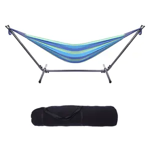 Double Hammock with Stand Included, 330lb Capacity Steel Stand, Portable Carry Bag, Indoor Outdoor Brazilian Style Cotton Hammock for Garden Backyard Patio Camping Lounge Chair Modern Aesthetic