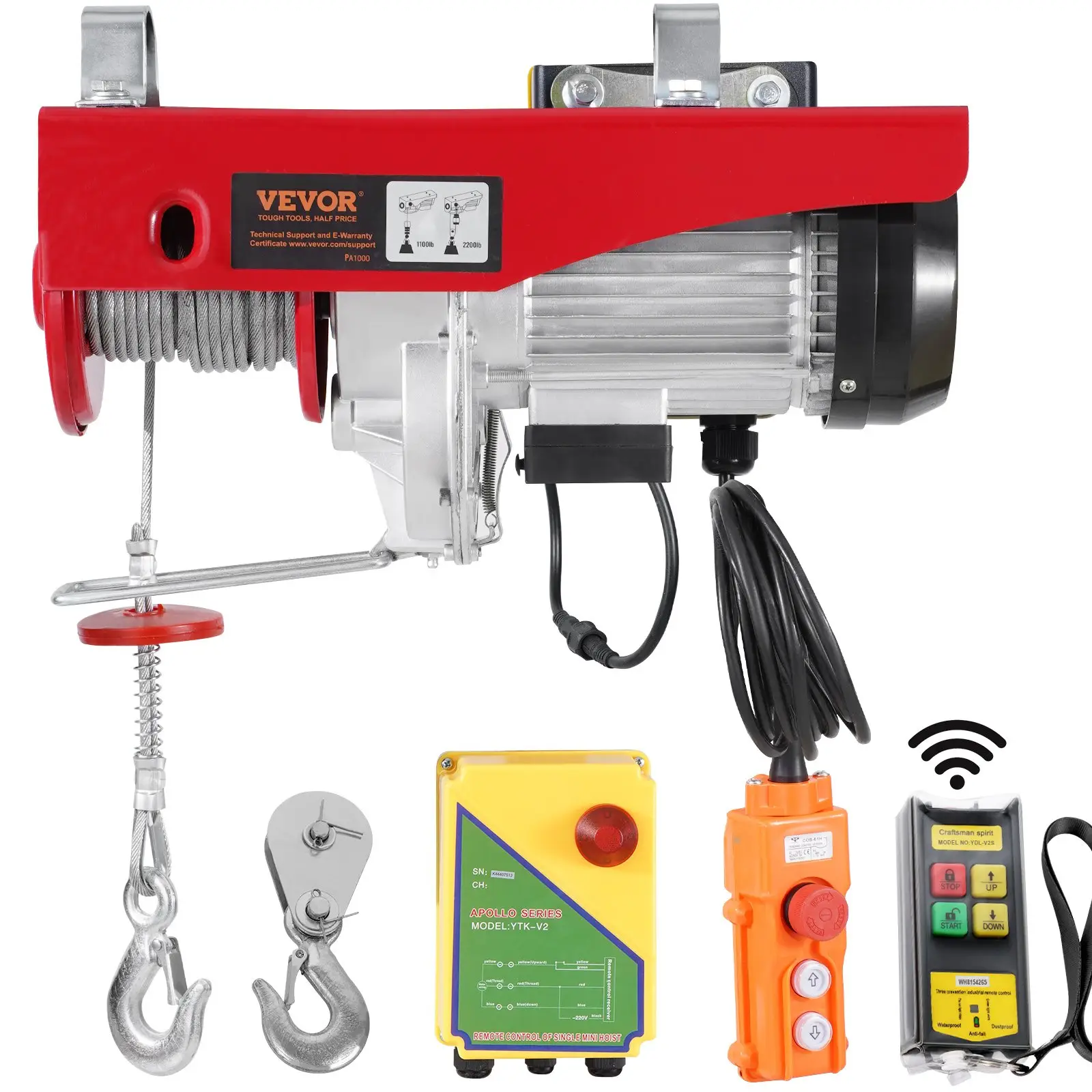 VEVOR Electric Hoist, Max. 2200 lbs 120V Electric Winch with 328 ft Wireless & 14 ft Wired Remote Control, 40 ft Single Cable Lifting Height, Single/D