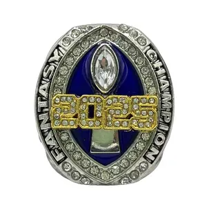 2025 Fantasy Football League Championship Trophy Rings with Blue Enamel and Gold Accents for Collectors Commemorative Design