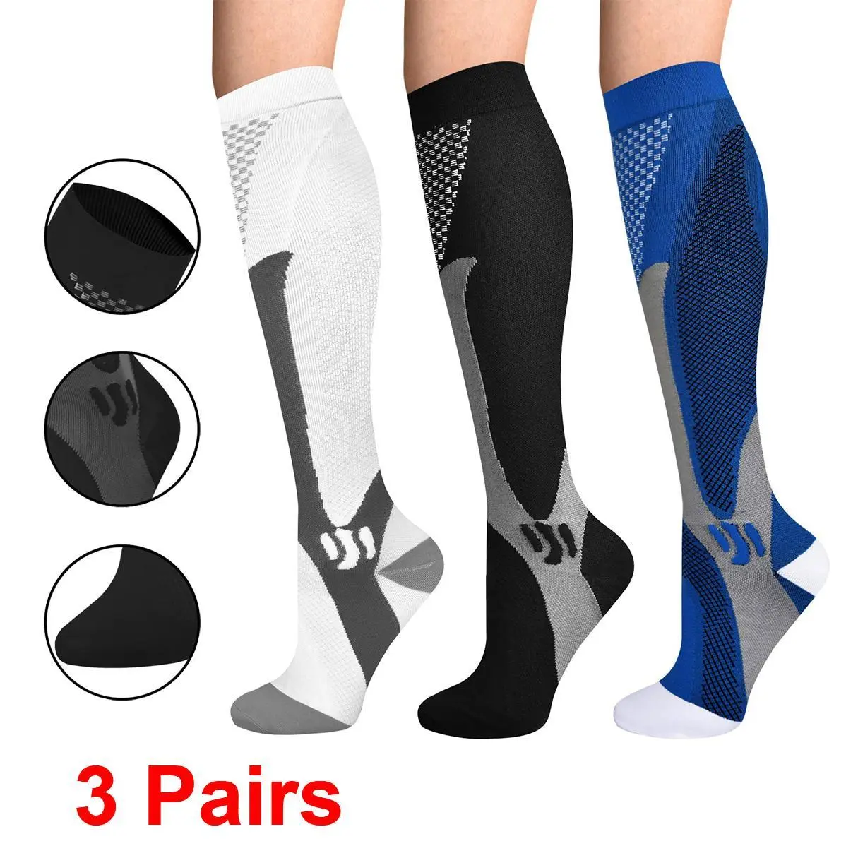 Unisex 15-20 mmHg Compression Socks (3 Pairs) - Nylon Fabric Athletic Running Socks for Adults, Cushioned Wicking, Advanced Circular-Knit Construction, Plantar Fasciitis Relief, Diabetics, Gym Workouts, Sports Socks