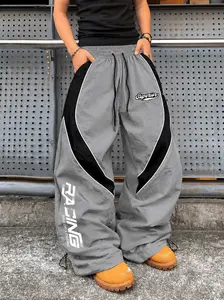 Men's High Street Cyberpunk Racing Functional Gray Black Patchwork Joggers Spring Summer Lightweight High Drape Drawstring Casual Pants with Superior Letter Print Trendy Brand Sports Pants Black Colorblock + Streamline Panel Design, Side "RACING" 3D Print