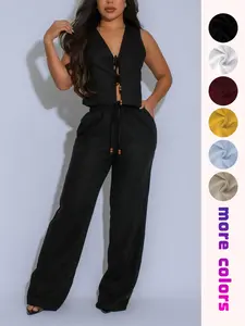 Trendy Women's Two Piece Outfit  Sleeveless Top and Flowy Pants Vacation Ready Look