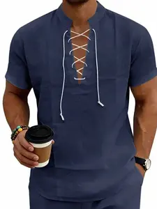 Men's button-down collar shirt - stylish cross-strapped short-sleeved shirt, lightweight and breathable textured fabric, Loose Fit Design. Perfect for beach vacations, casual outings and summer daily wear.