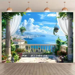 Seaside Town Landscape Pattern Backdrop, 1 Count Photography Background, Indoor Backdrops, Wall Decoration, Birthday Party Decoration, Curtains, Tablecloths, Banners, Party Decoration Supplies