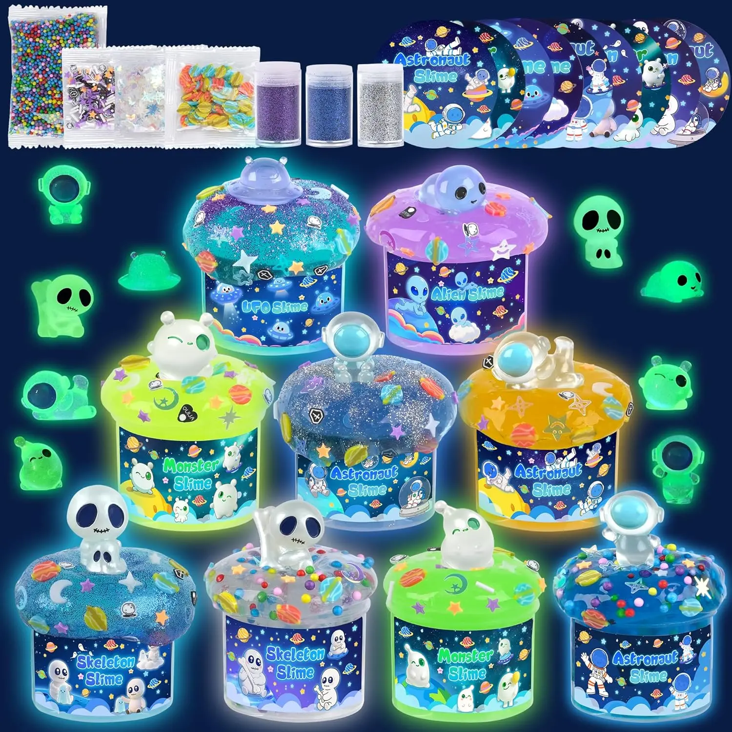 Halloween Fall Gift Galaxy Glow-in-the-Dark Slime Kit 9 Pack for Kids – DIY Space Slime Set with Astronaut, Alien & UFO Charms, Sensory Toys, Party Favors & Birthday Gift