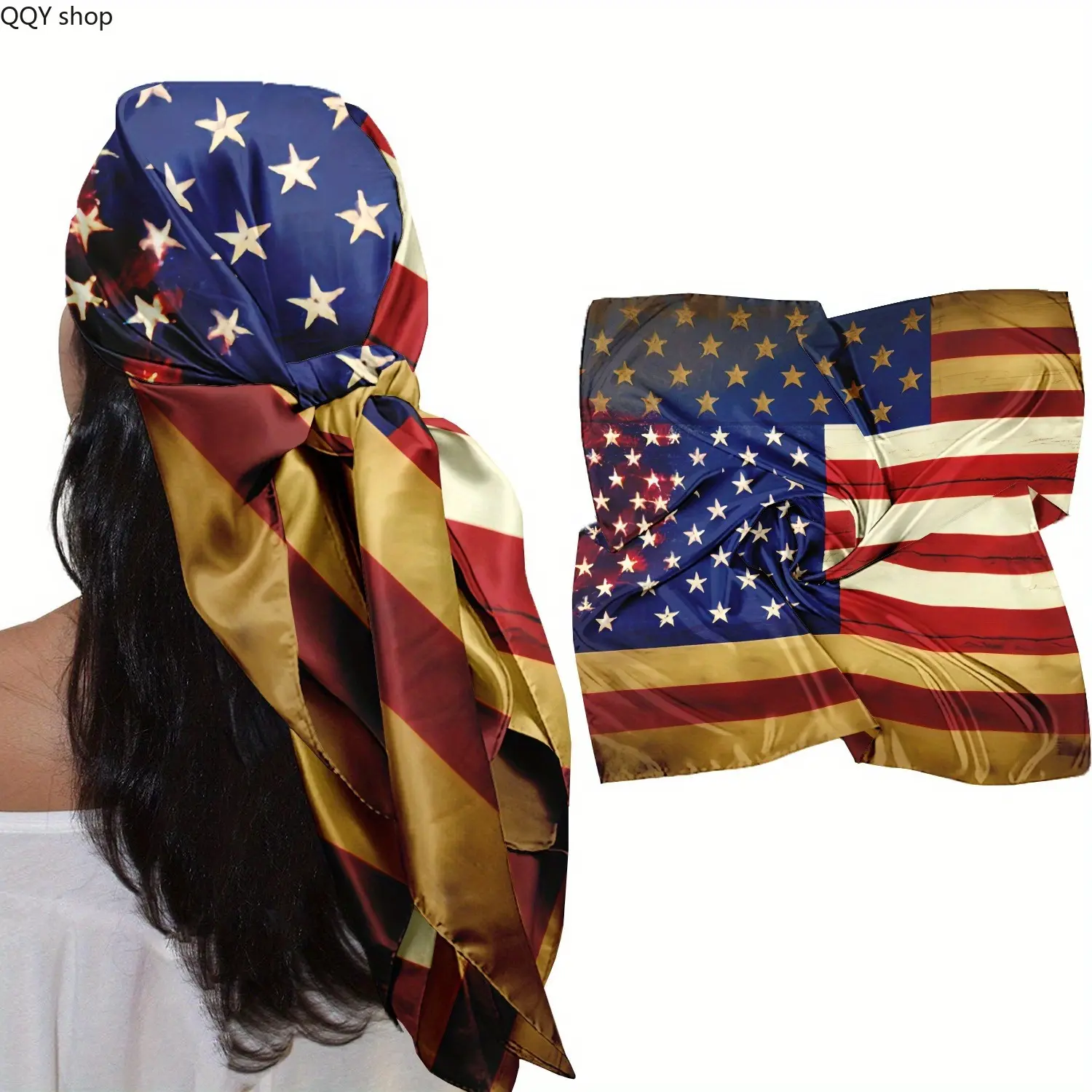 Women's Vintage Gold-Tone American Flag Print Square Scarf - Soft Breathable Multi-Use Patriotic Sports Headband Bandana, 4th of July Accessories, Retro E-Commerce Accessories for Women, Stylish Daily Wear