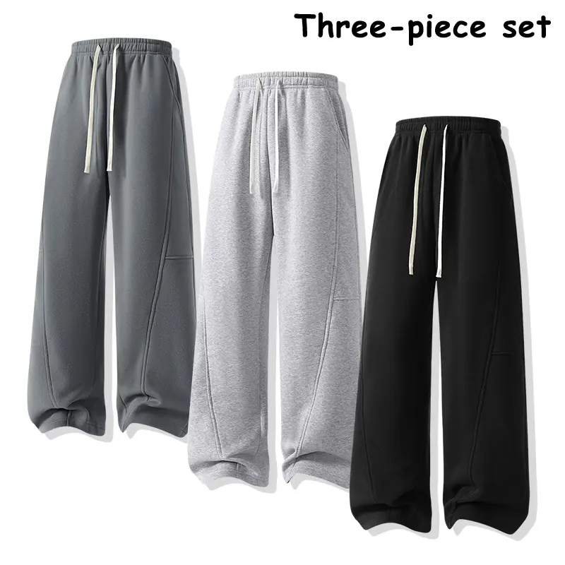 3-piece set solid color wide-leg sweatpants, soft plush lining, relaxed fit, drawstring, everyday streetwear bottoms