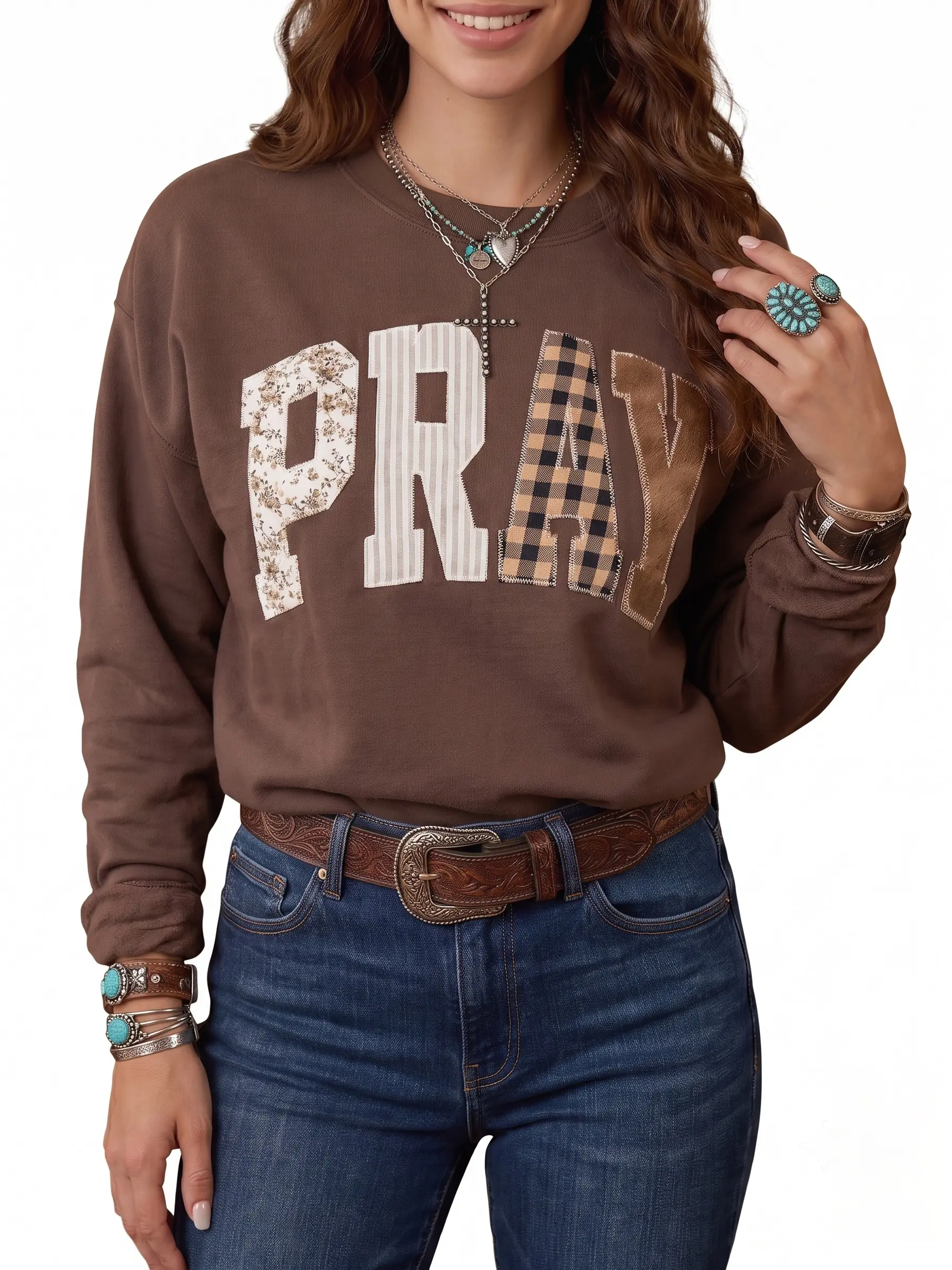 Women's Western Sweatshirt PRAY Graphic Patchwork Long Sleeve Pullover Crewneck Fall Tops