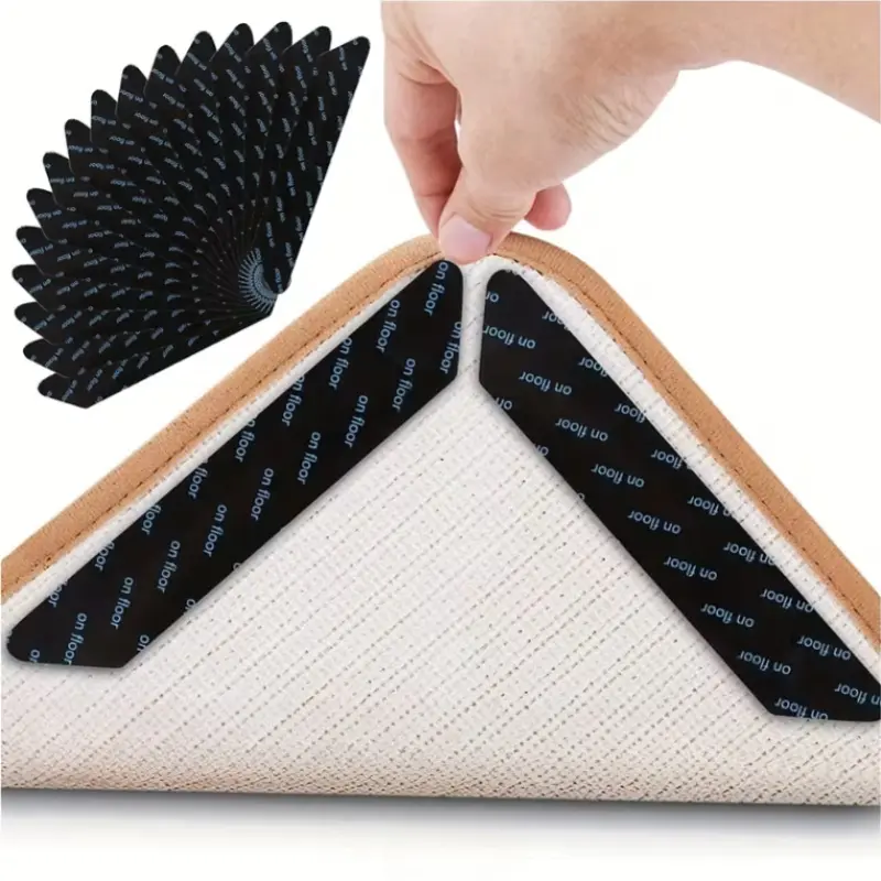 12-Pack Double-Sided Rug Gripper Stickers – Thin Flat Carpet Corner Adhesive Pads for Large and Fluffy Floor Rugs