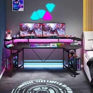 ribesigns 75 Inch Gaming Desk with Monitor Shelf, Large PC Computer Desk with LED Lights, Gaming Table for Bedroom, Home Office, and eSports Gaming Setup