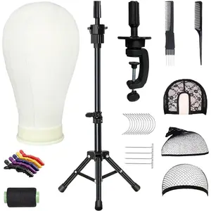 Wig Stand with , 22 Inch Canvas Wig  with Stand for Wigs, Canvas Mannequin , Manikin  Block Set for Wigs Making Display with Wig caps, T Pins, C Bristle Brush