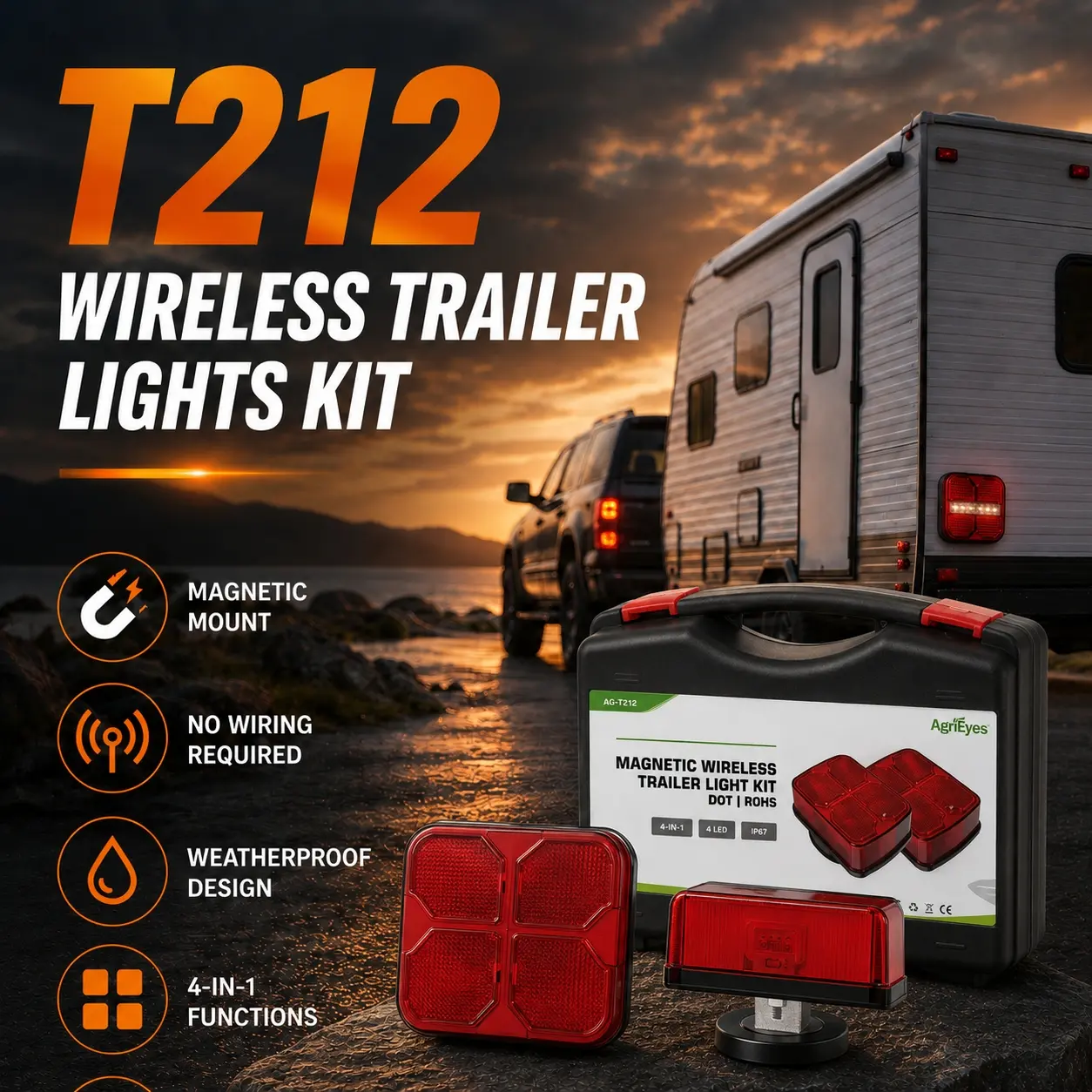 AgriEyes T212 Wireless Trailer Lights Kit - IP67 Rated Towing Light Bars with Magnetic Mount, Car Lighting Accessory for Towing Trucks, Batteries-Included Father's Day Gift