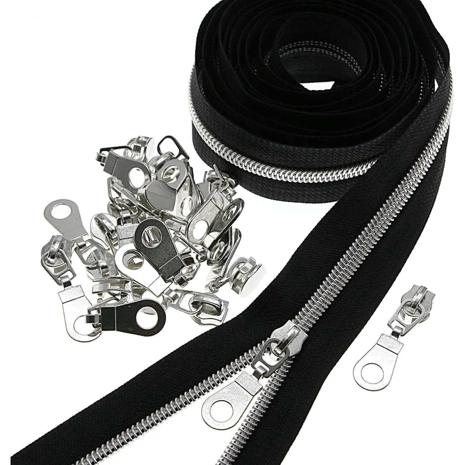 #5 Metallic Nylon Coil Zippers by The Yard,Black Tape Bulk 10 Yards with  Sliders Pulls 25 count,Metallic   Sewing Zippers for DIY Tailor Sewing Crafts Bags