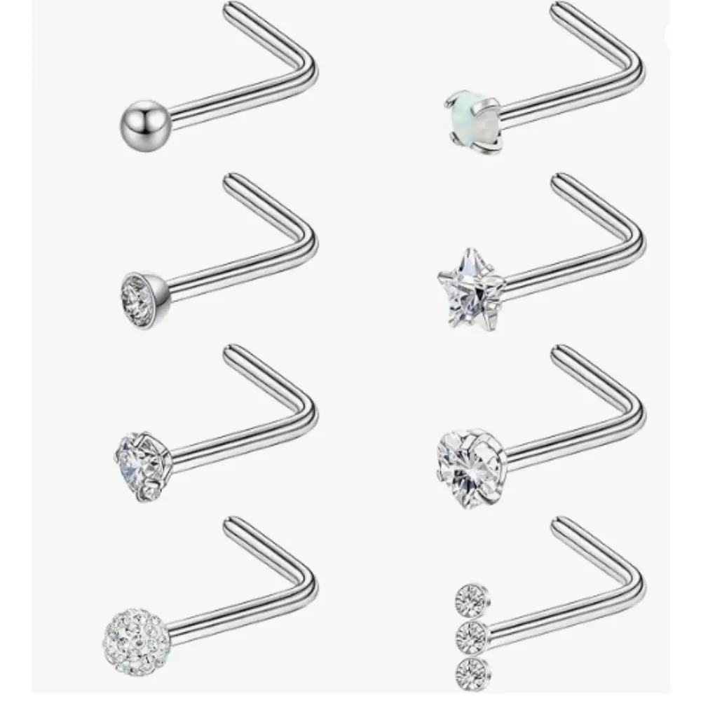 8Pcs 20G Sterling Silver Nose Rings Studs for Women Men Star Marquise Heart Square Round Shaped CZ Nose Stud L Shape Nose Ring Body Piercing Jewelry Sports & Outdoor, Nose Piercings