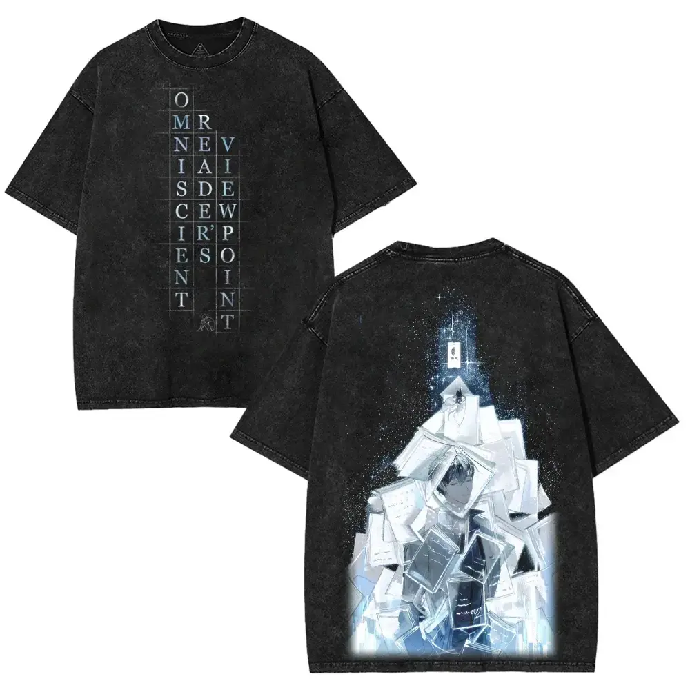 Men's Oversized Vintage Acid Washed Distressed Black Short-Sleeve Casual Menswear T-Shirt - 100% Cotton Unisex Top, Magical Book Stack & Mystic Boy Art, Omniscient Reader Quote, Ethereal Blue Grunge Aesthetic, Shortsleeve