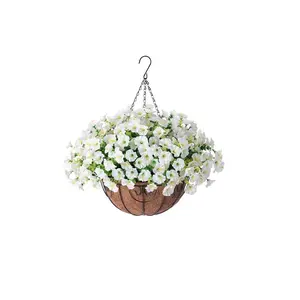 1 set of artificial hanging flower baskets, suitable for outdoor use with simulated spring plants. Includes 16 UV-resistant, silk-like white morning glories. Comes with 1 outdoor hanging pot. Looks realistic and beautiful