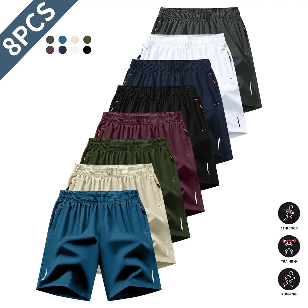 Men’s summer sports shorts, 8-pack — Bermuda style, waist-cinching design, lightweight fabric, loose fit; available in multiple colors; drawstring waistband, side zip pockets; suitable for outdoor cycling and commuting; Bermuda men’s shorts, waist-cinchin