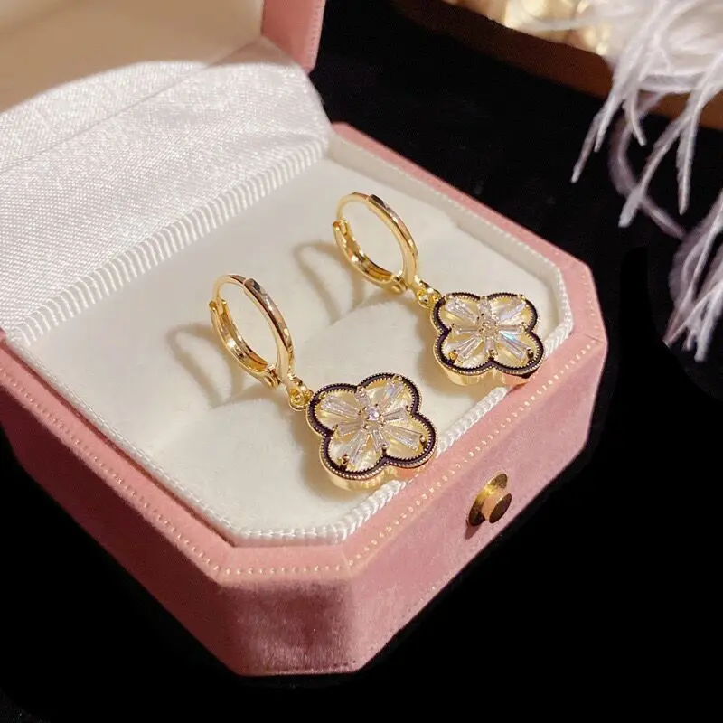 Women's Small Gold Clover Shape Hypoallergenic Earrings Set - Double Sided, Sparkling Crystals, Elegant Ear Cuff, Female Fashion Jewelry Gift Idea, Double Sided Clover, Dainty Earrings, Earring Cuffs, Copper