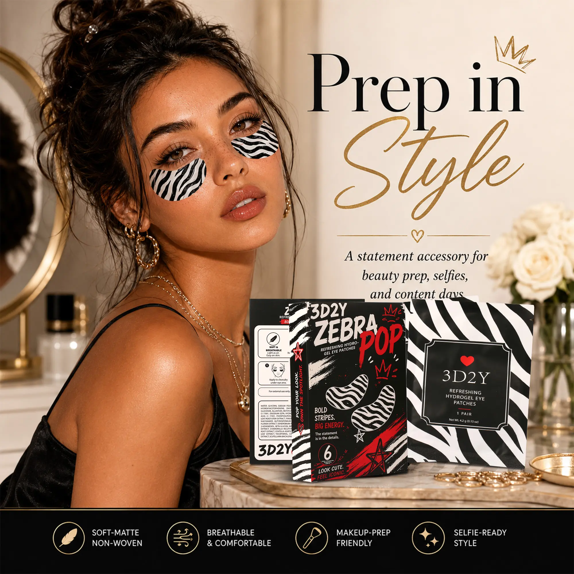 3D2Y WILD EYES Zebra Print Decorative Under-Eye Patches,  Hydrogel Eye Patches with PDRN, Collagen, NAD Refreshing for Puffy, Tired Eyes | Firming for Look of Wrinkles, Fine Lines  Korean Skincare Smile Line Patches for Face, Parties & Bold Makeup 6 Pairs