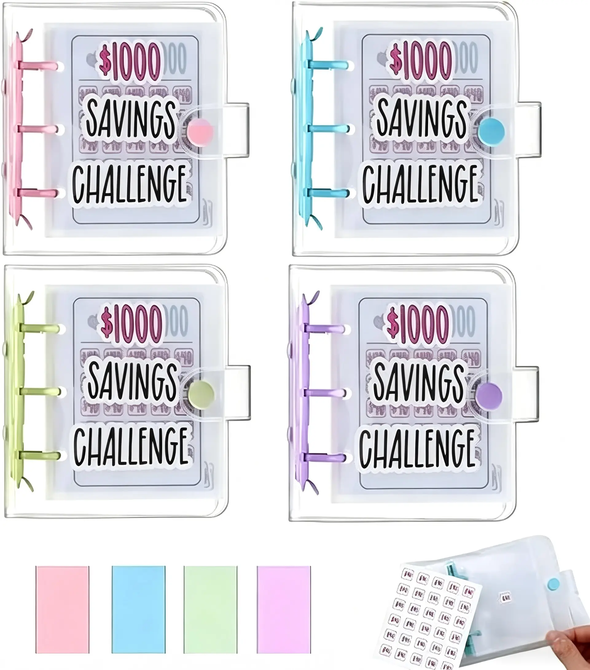 $1000 Mini Money Saving Binder Reusable Cash Envelope System – 2026 Budget Binder, Transparent PVC Pockets, Portable Budget Binder for Money Saving & Cash Stuffing, Perfect Finance Planner & Gift Flexible Durable,girly office supplies
