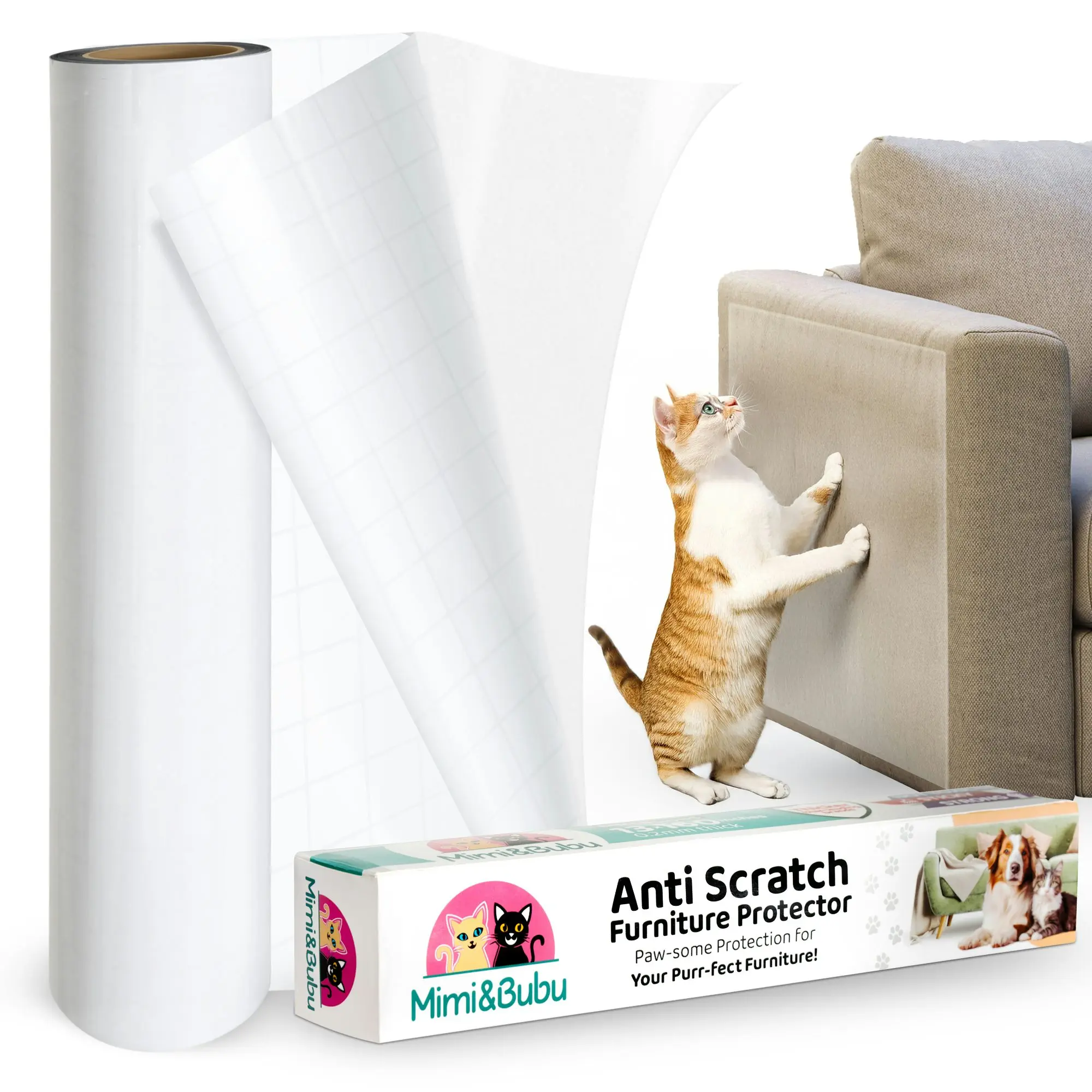 Mimi&Bubu Extra-Thick BPA-Free New Glue Anti-Scratch Furniture Protector (160"x13"), Single-Sided Sticky Cat & Dog Couch Guard, Claw Deterrent Tape