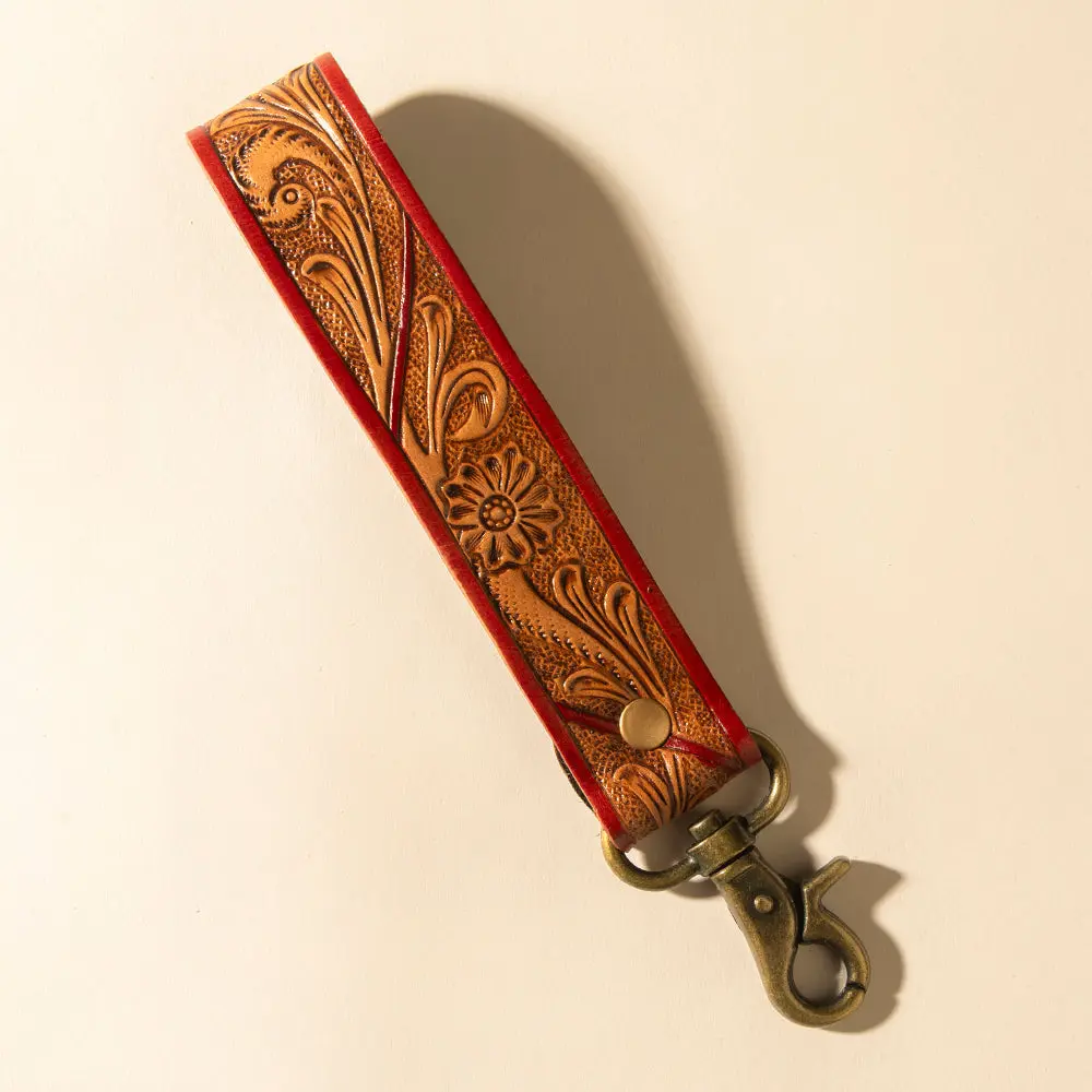 Myra Canyon Pass Handtooled Leather Key Fob in Terracotta Saddle