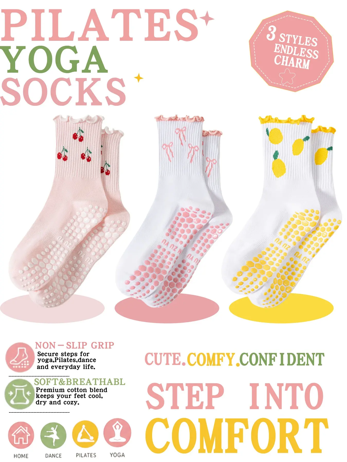 3 Pairs High-Grip Yoga Socks, Ideal for Yoga, Ballet, Pilates, Anti-Slip Breathable Fabric, Perfect for 23 Outdoor Activities, Great Gift