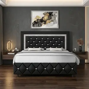 Upholstered Bed Frame with Diamond Tufted Headboard & Footboard Twin/Full/Queen/King Size Pearl White/Beige/Black/Grey/Pink/Purple/Green Sturdy Bed Frame for Bedroom Modern Trendy Romantic Luxurious Decor